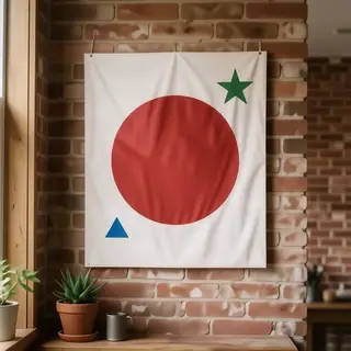 A large red circle, a small blue triangle, and a medium gree