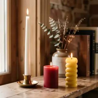 A tall thin white candle, a short fat red candle, and a medi
