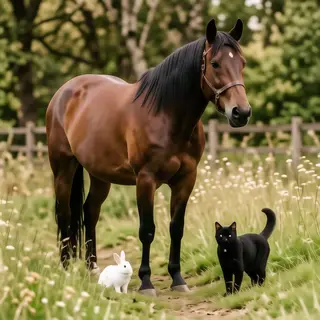 A big brown horse, a small white rabbit, and a medium-sized 