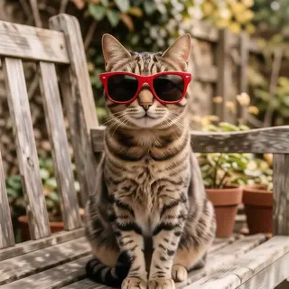 A tabby cat wearing oversized red sunglasses