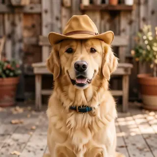 A golden retriever wearing a tiny cowboy hat