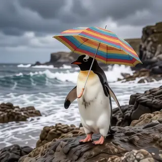 A penguin holding a colorful umbrella
