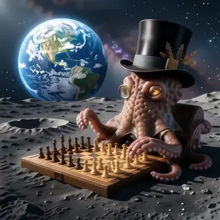 An octopus wearing a top hat and monocle playing chess on th