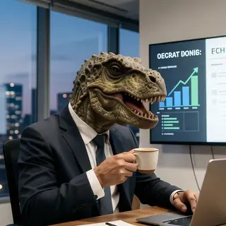 A dinosaur in a business suit giving a PowerPoint presentati