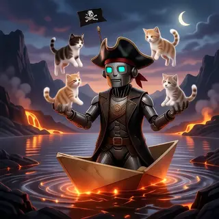 A robot dressed as a pirate sailing a paper boat on a lake o