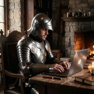 A medieval knight in full armor sitting at a desk typing on 