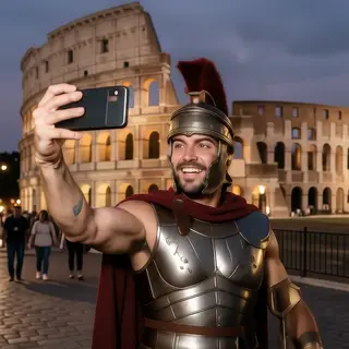A Roman gladiator taking a selfie with a smartphone in the C