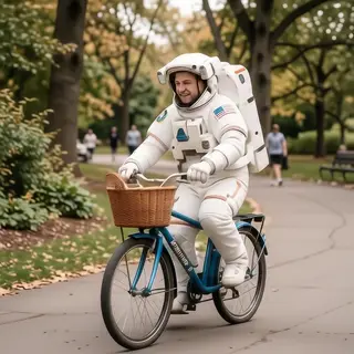 An astronaut in a spacesuit riding a bicycle through a park