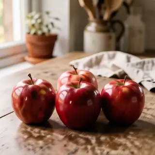 Exactly 3 red apples arranged on a wooden table