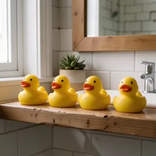 Exactly 5 yellow rubber ducks sitting in a row on a bathroom