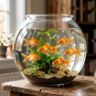Exactly 9 goldfish swimming in a large round fishbowl