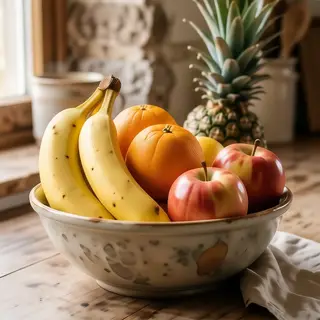 A fruit bowl containing exactly 3 bananas, 4 oranges, and 2 