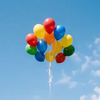 Exactly 11 colorful balloons floating against a clear blue s