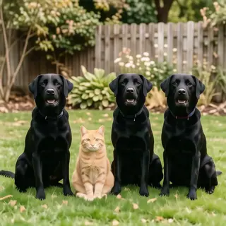 2 orange cats and 3 black dogs sitting together on a grassy 