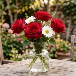 4 red roses and 2 white daisies in a glass vase on a table
