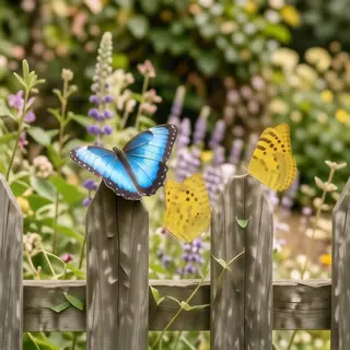 1 blue butterfly and 3 yellow butterflies resting on a garde