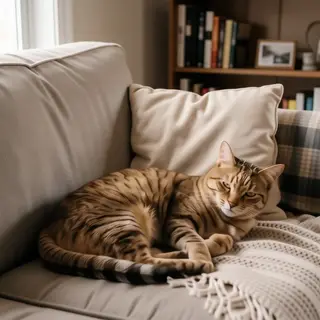 A cat lying on a couch without a collar