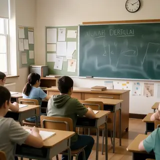 A classroom with desks and a chalkboard but no students