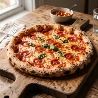 A pepperoni pizza with tomato sauce, basil, and crust but ab
