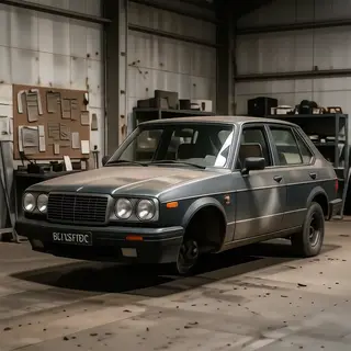 A car body with windows, doors, and headlights but no wheels