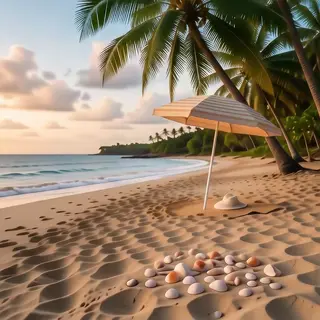 A sandy beach with palm trees, seashells, and a beach umbrel