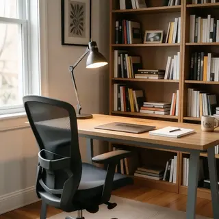 An office workspace with a desk, chair, bookshelf, and lamp 
