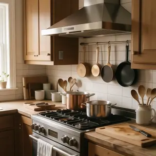 A kitchen with pots, pans, a stove, and a cutting board but 