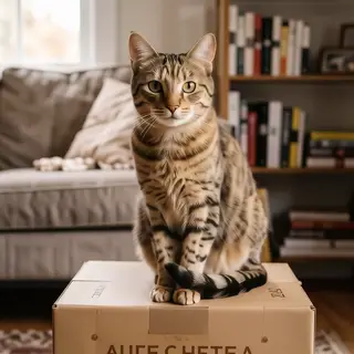 A cat sitting on top of a cardboard box