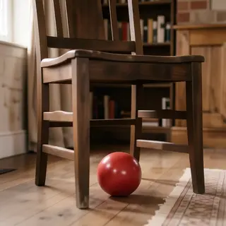 A red ball underneath a wooden chair