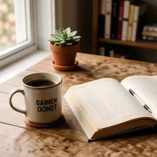 A coffee mug next to an open book on a desk