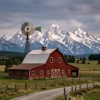 A landscape with a red barn in the foreground at large scale