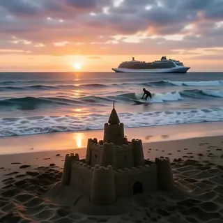 A beach scene with a sandcastle in the foreground, a surfer 
