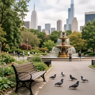 A city park with a park bench and pigeons in the foreground,
