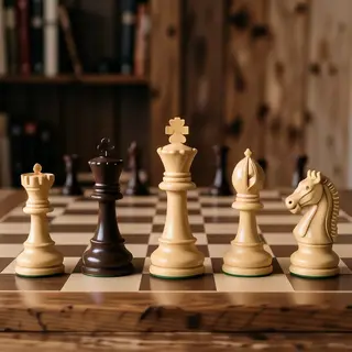 Five chess pieces on a board: a king in the center, a queen 
