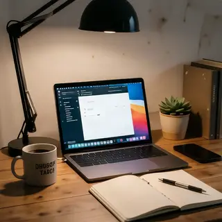 A desk scene: laptop in the center, coffee mug to the left, 