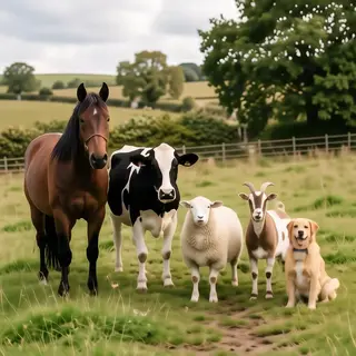 Five animals in a field: a horse on the far left, a cow to t