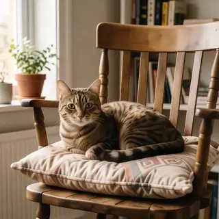 A cat sitting on a pillow, the pillow placed on a wooden cha