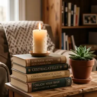 A candle on top of a stack of books, the books next to a pot