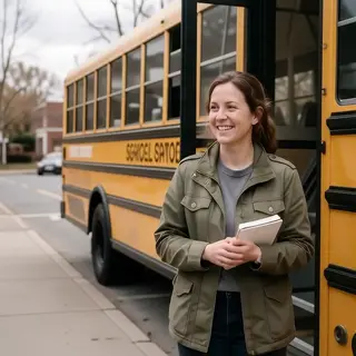 A person standing next to a yellow school bus, showing reali