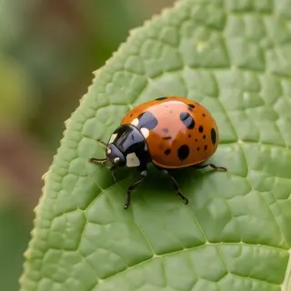 A ladybug sitting on a large green leaf, shown at realistic 