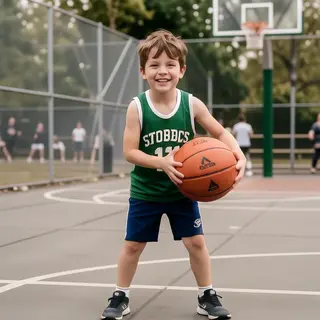 A child holding a basketball, both at correct relative sizes