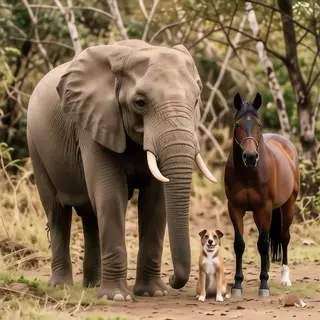 A group photo of an elephant, a horse, a dog, a cat, and a m