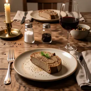 A dinner table scene with a plate, fork, knife, wine glass, 
