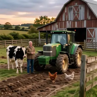 A farm scene with a barn, tractor, farmer, cow, chicken, and