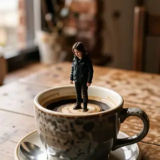 A tiny person standing on the rim of a coffee cup, looking d