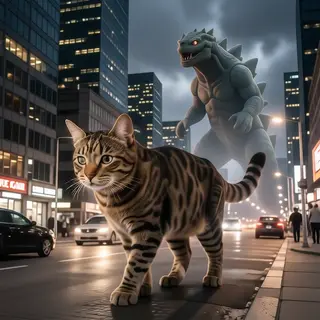 A giant tabby cat walking between city skyscrapers like a ka