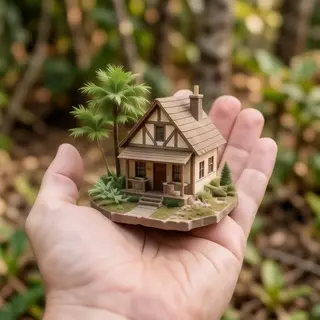 A miniature house sitting on the palm of someone's hand