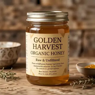A product label for 'GOLDEN HARVEST ORGANIC HONEY' with subt