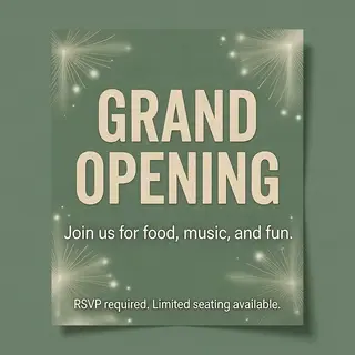 A flyer with large title 'GRAND OPENING', subtitle 'Join us 