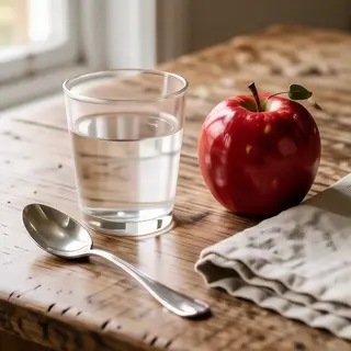 A still life on a wooden table featuring a clear glass of wa